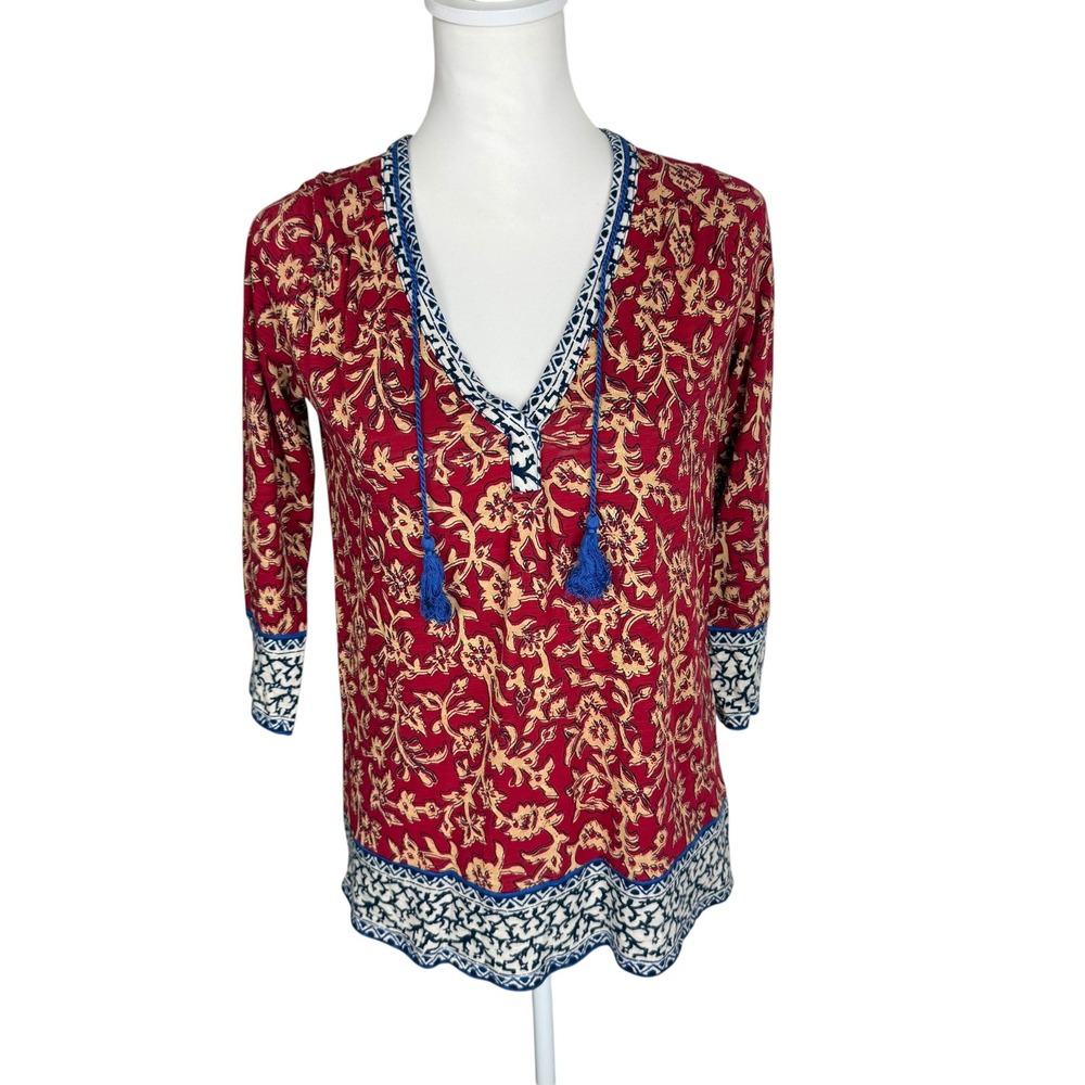 Lucky Brand Womens Red Floral Boho Tunic Top V-Neck Tassels XS Paisley